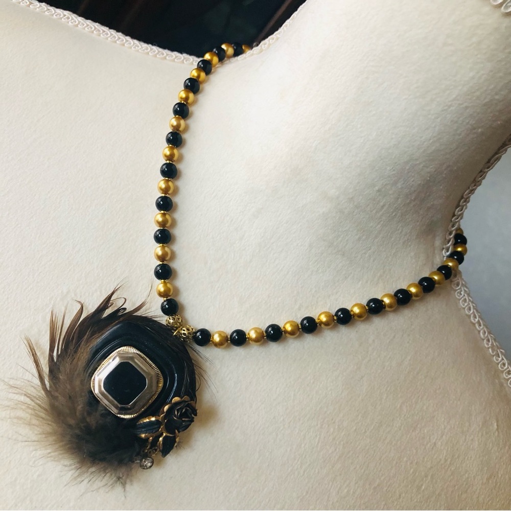 Handcrafted repurpose enamel feather crystal pendant Czech glass Pearl necklace